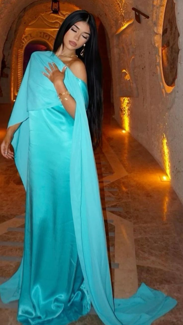 Robe de soirée longue en satin bleu, modeste, D146