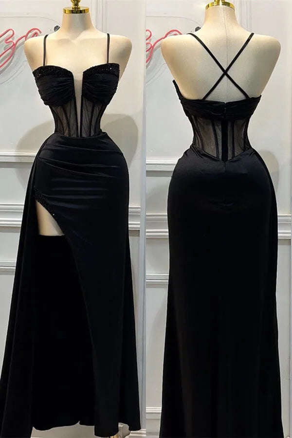 Robe de bal longue noire en satin à fines bretelles, D28