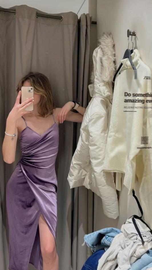 Robe de bal longue en velours violet clair à bretelles, D29