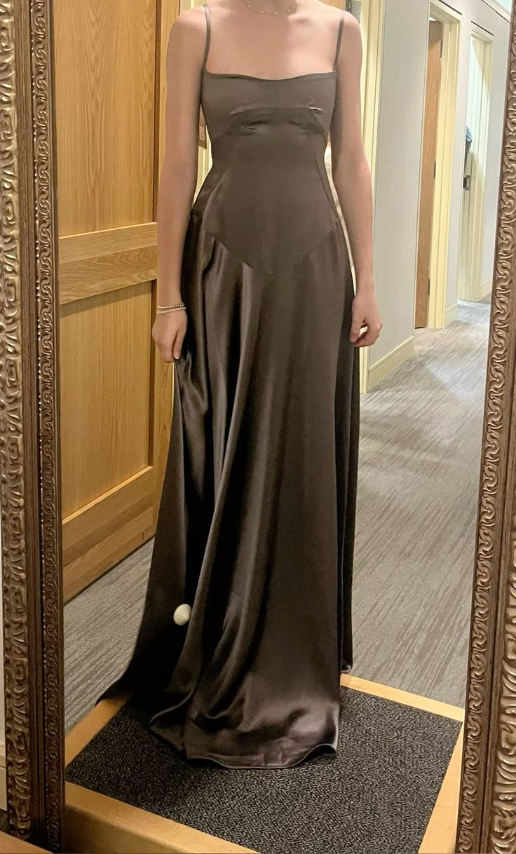 Elegant Brown Spaghetti Straps A-Line Long Party Dress Wedding Guest Dress, D294