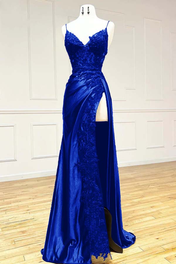 Black Spaghetti Straps Lace Satin Split Sheath Long Party Dress, D39