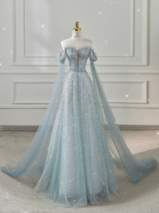 Robe de soirée longue bleu clair à épaules dénudées et coupe trapèze, D31