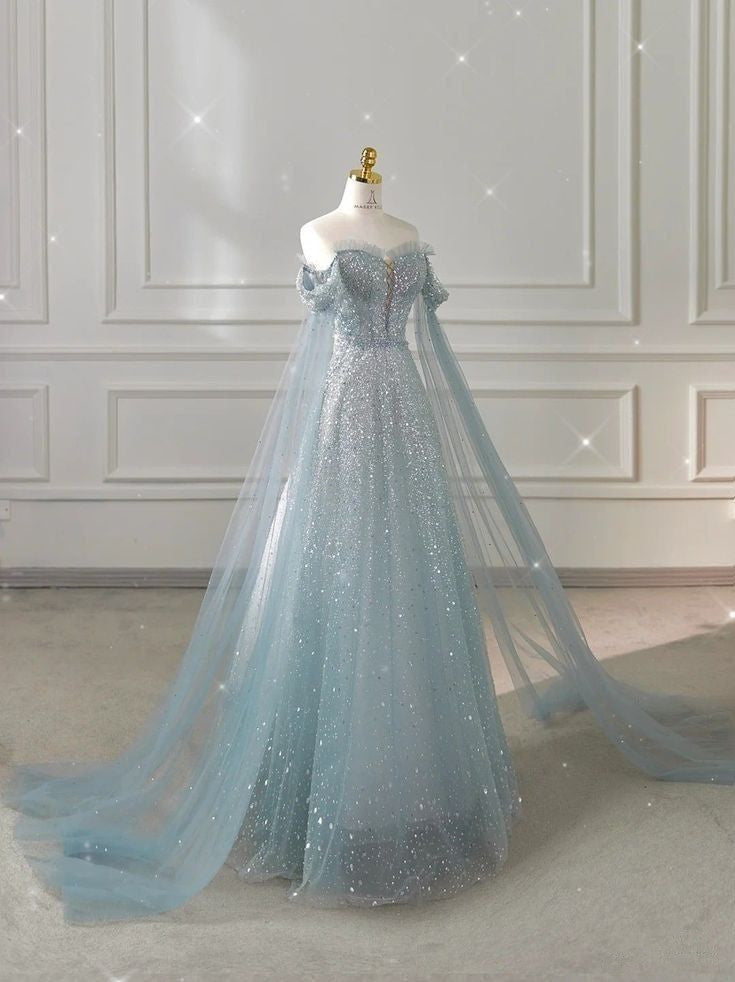 Robe de soirée longue bleu clair à épaules dénudées et coupe trapèze, D31