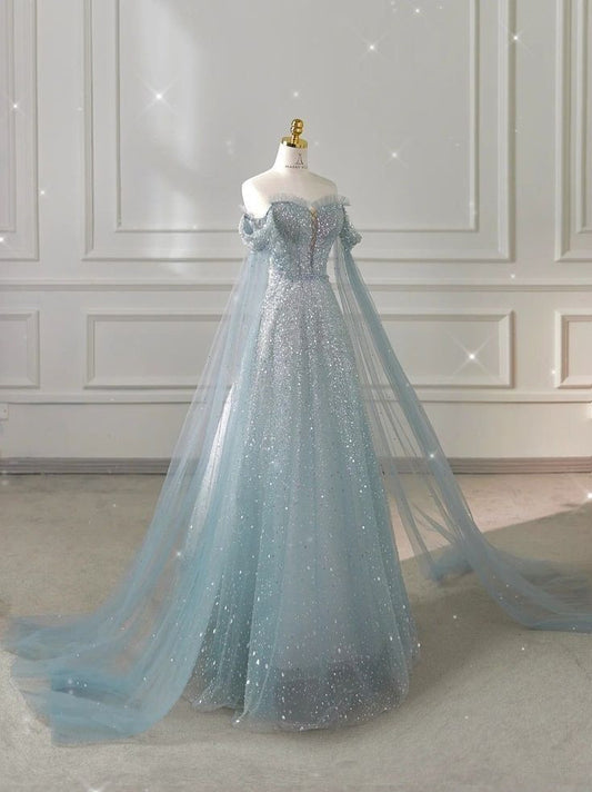 Robe de soirée longue bleu clair à épaules dénudées et coupe trapèze, D31