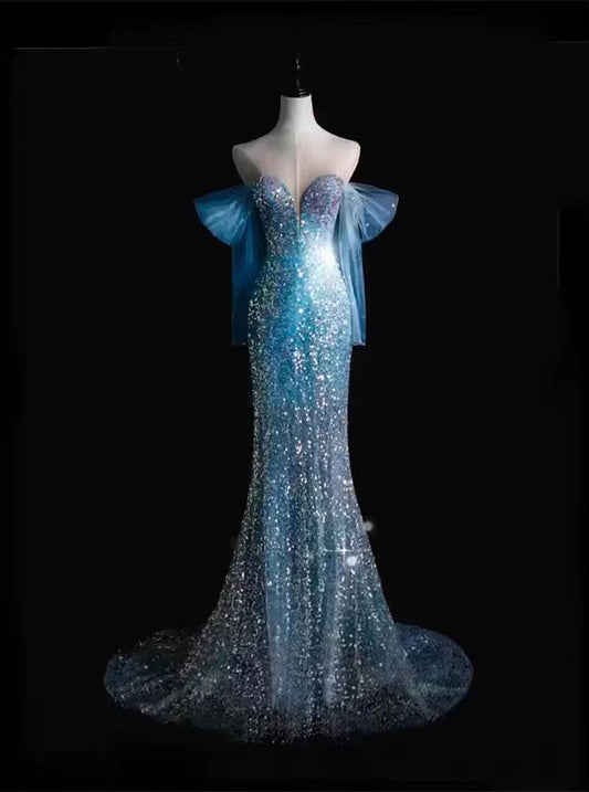 Robe de soirée sirène longue à paillettes bleues, décolleté en cœur, robe d'anniversaire, D42