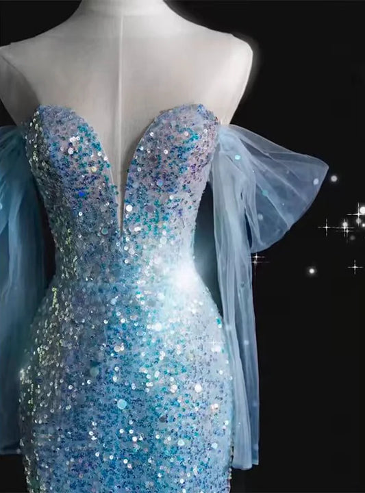 Robe de soirée sirène longue à paillettes bleues, décolleté en cœur, robe d'anniversaire, D42