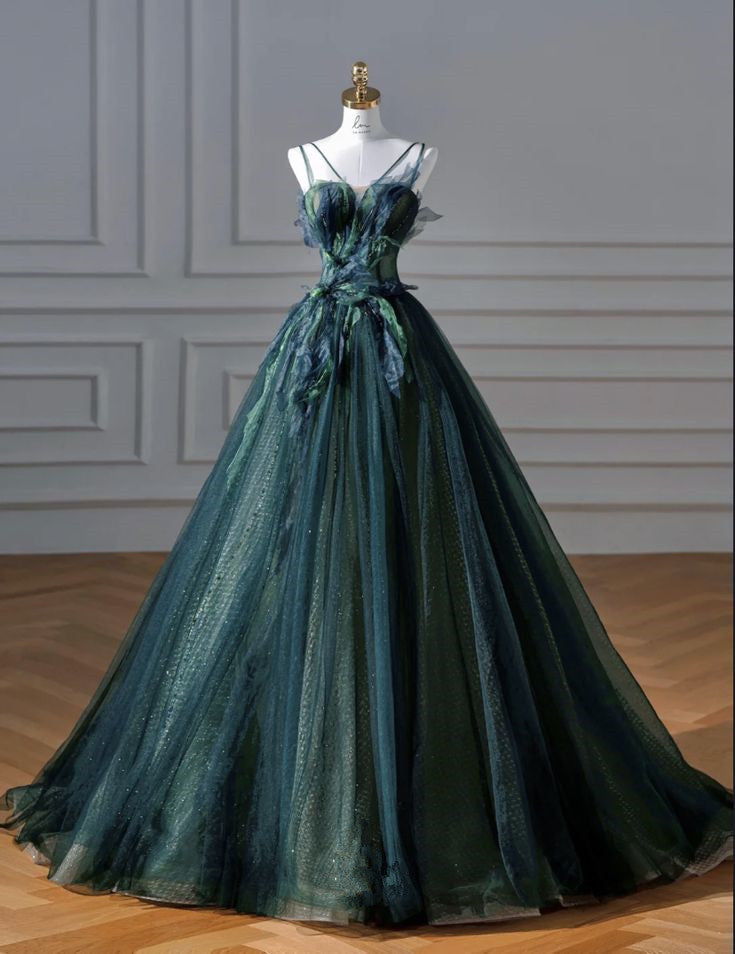 Robe de soirée longue chic en tulle à bretelles vertes, coupe trapèze, D33