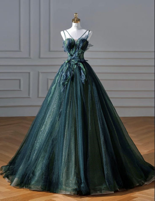 Robe de soirée longue chic en tulle à bretelles vertes, coupe trapèze, D33