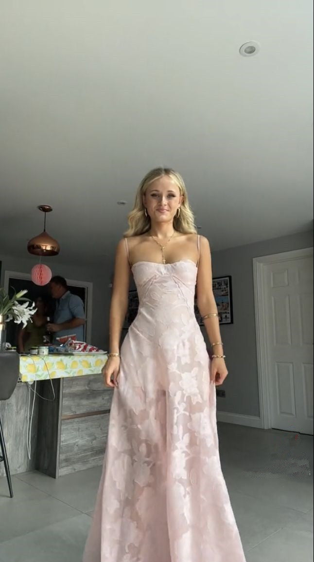 Robe de soirée longue rose à bretelles trapèze, robe d'invitée de mariage, D47