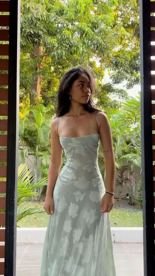 Robe de soirée longue bleue à bretelles trapèze, robe d'invitée de mariage, D48