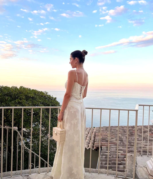 Robe de soirée longue ivoire à bretelles trapèze, robe d'invitée de mariage, D49