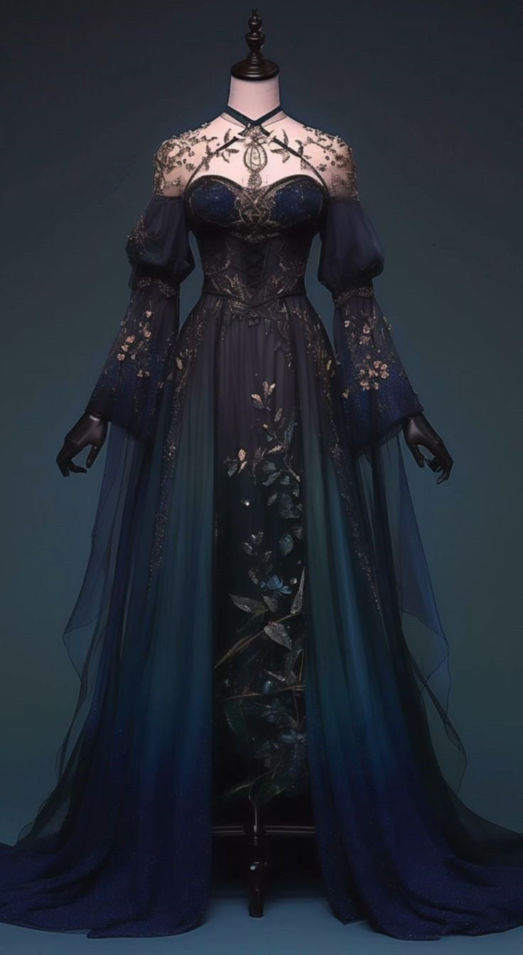 Robe de bal trapèze bleu marine à manches longues et appliques, longueur modeste, D56