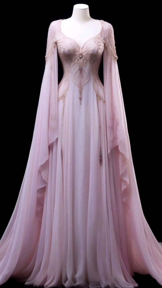 Robe de soirée élégante rose à manches longues, coupe trapèze, D59