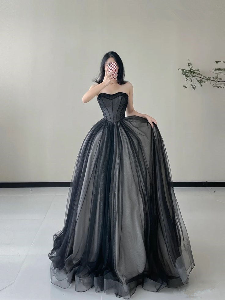 Schwarzes trägerloses A-Linien-Tüll-Abendkleid, lang, formelles Ballkleid, D60