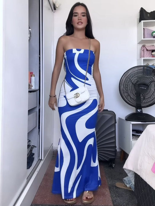 Blaues trägerloses Etuikleid, modisches Urlaubskleid, langes Partykleid, D65