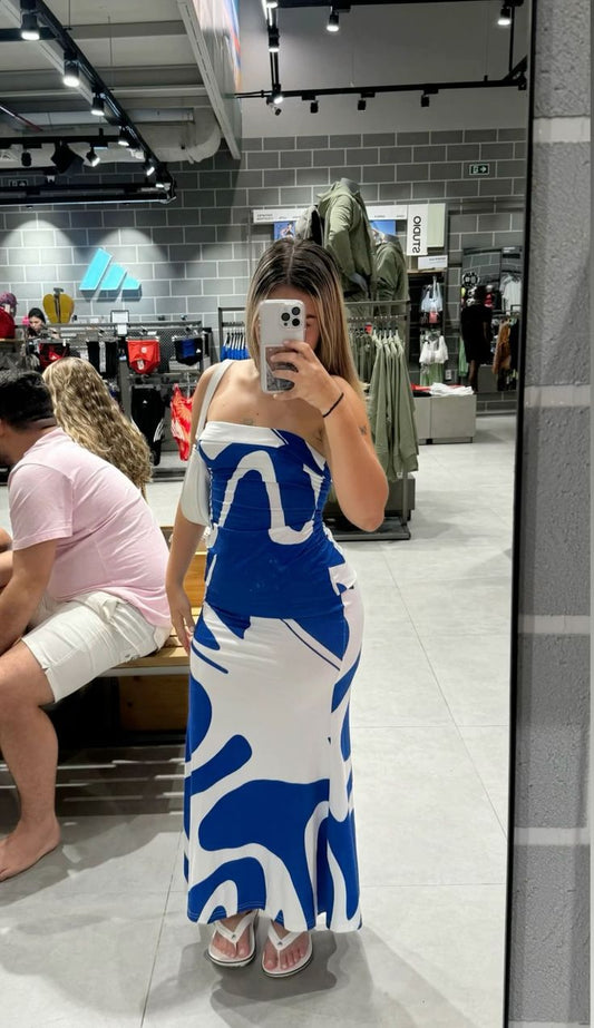 Blaues trägerloses Etuikleid, modisches Urlaubskleid, langes Partykleid, D65