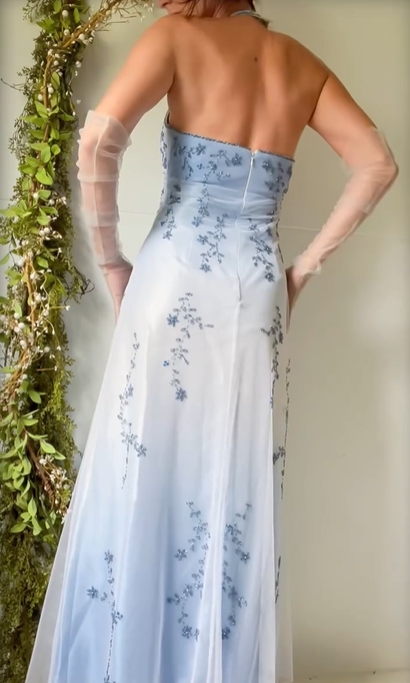 Ombre Neckholder A-Linie Perlenbesetztes langes Ballkleid Vintage Partykleid, D680