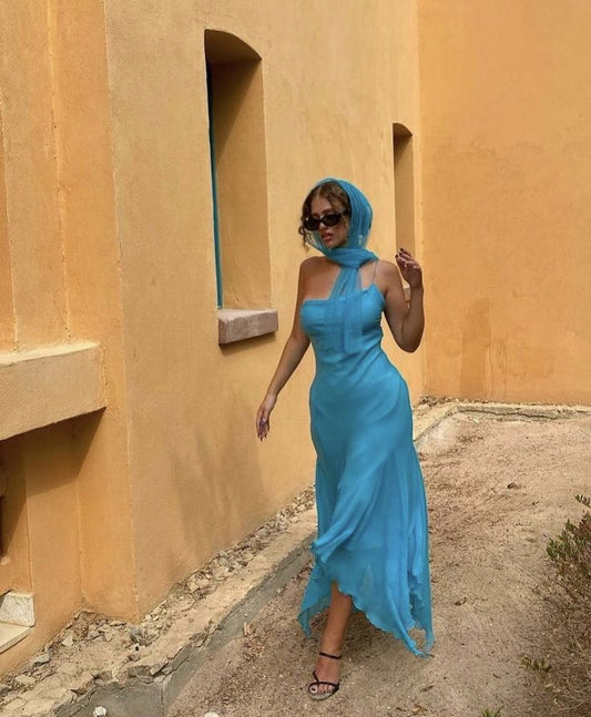 Robe fourreau longue en mousseline de soie à bretelles bleues, robe de soirée pour invité de mariage, D73