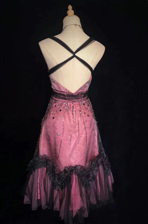 Robe de soirée courte vintage à bretelles et col en V, coupe trapèze, avec perles, tenue d'anniversaire, robe de bal D765