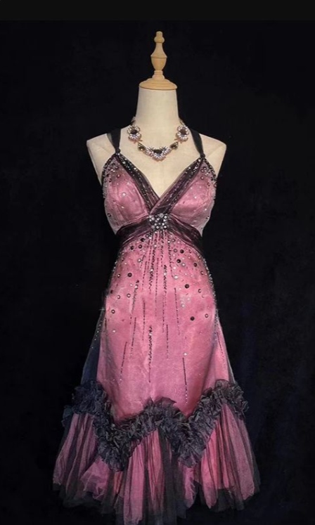 Robe de soirée courte vintage à bretelles et col en V, coupe trapèze, avec perles, tenue d'anniversaire, robe de bal D765