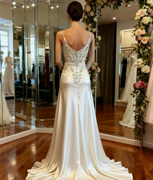 Robe de mariée longue à bretelles spaghetti et perles, nouvelle collection, D775
