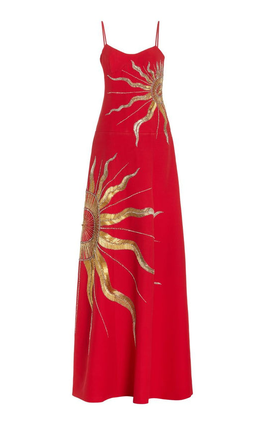 Charmante robe de soirée longue rouge à bretelles spaghetti et broderies, D78