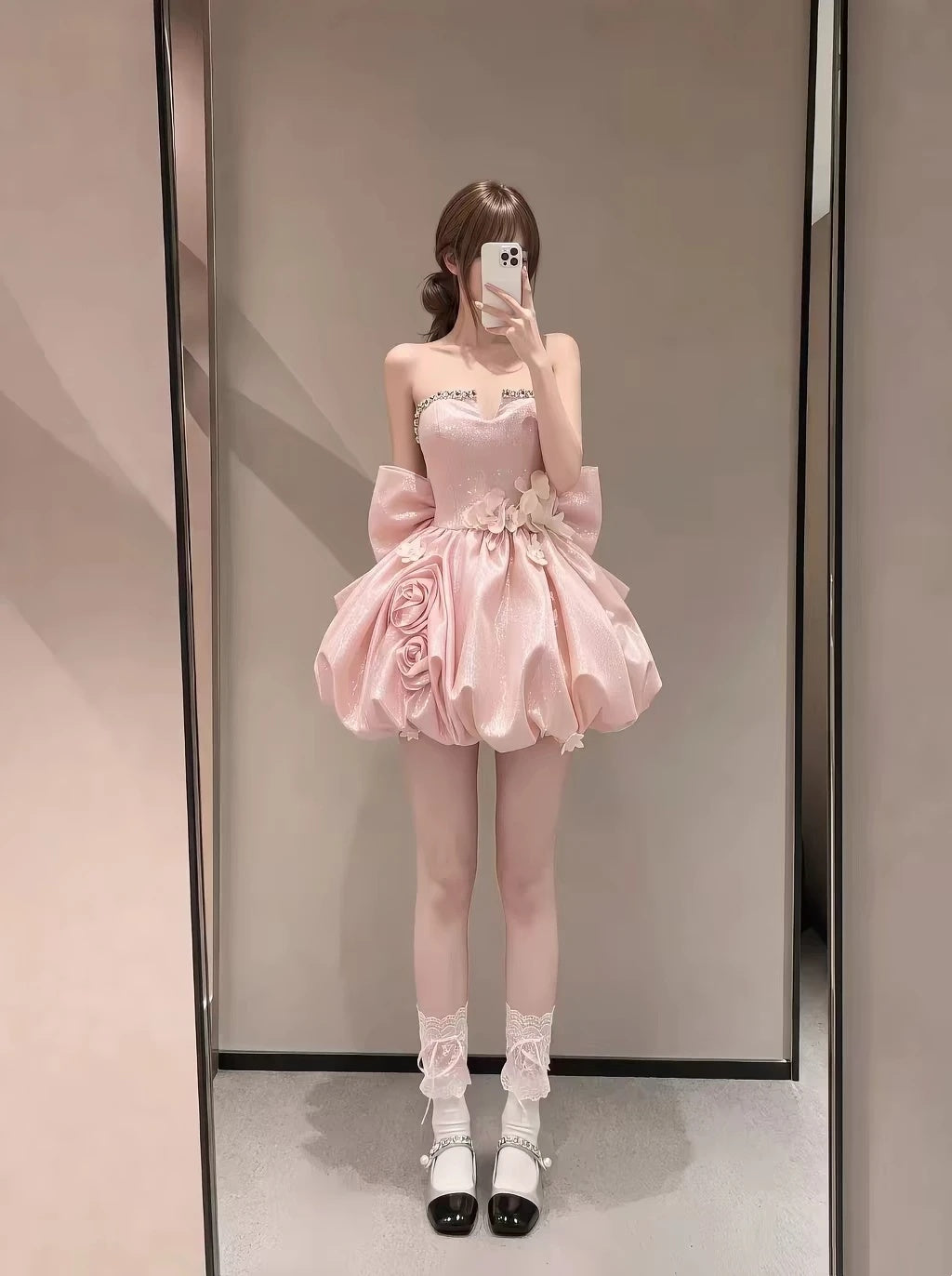 Whimsical Light Pink Strapless Rhinestone Trim Glitter Satin Big Bow 3D Floral A Line Bubble Short Homecoming Dress D7947