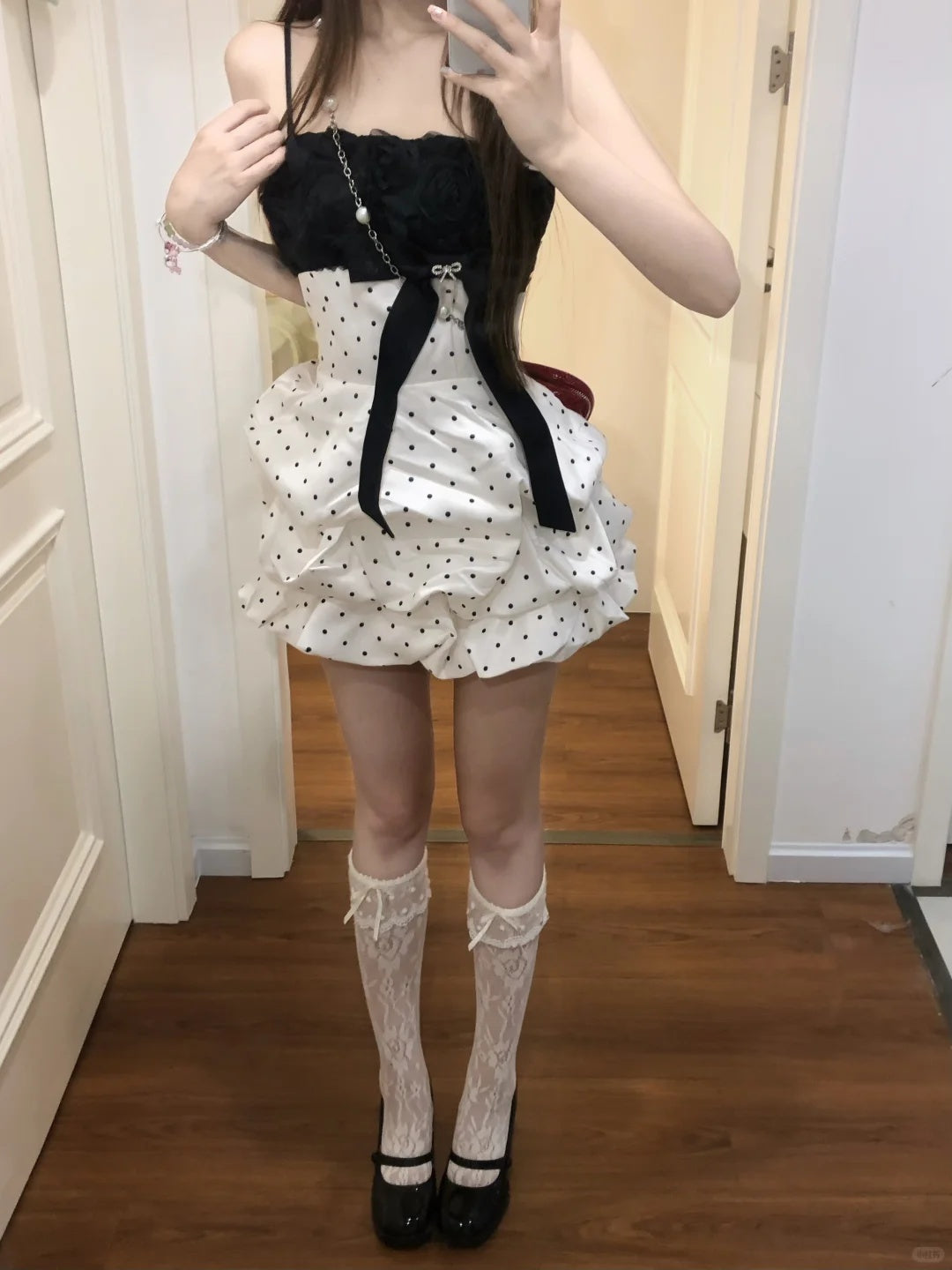 Playful Black‑White Polka Dot Spaghetti Straps 3D Rose Bow Rhinestone Accent Ruffled Bubble A Line Short Homecoming Dress D7951