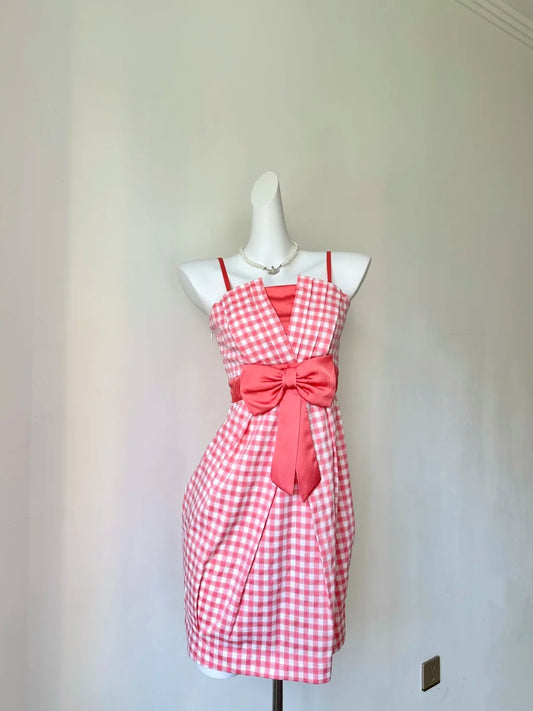 Lovely Pink Gingham Spaghetti Straps V‑Notch Bodice Big Satin Bow Waist Sheath Short Homecoming Dress D7955
