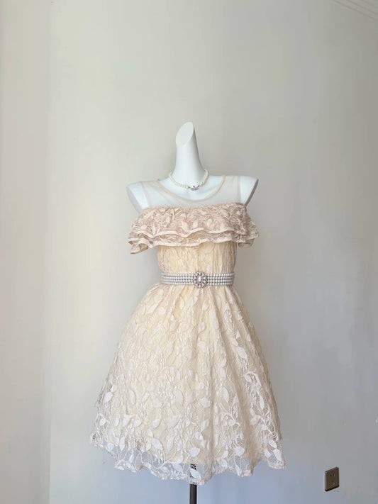Romantic Champagne Round Neck Ruffled Floral Lace Pearl Rhinestone Sash A‑Line Short Homecoming Dress D7959