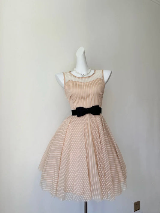 Elegant Nude Striped Mesh Sleeveless Illusion Round Neck A‑Line Short Homecoming Dress With Black Satin Bow Sash D7962