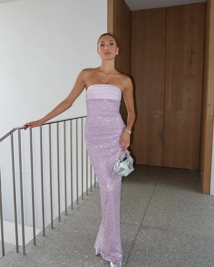 Trägerloses, langes Ballkleid mit Pailletten, formelles Abendkleid, D84