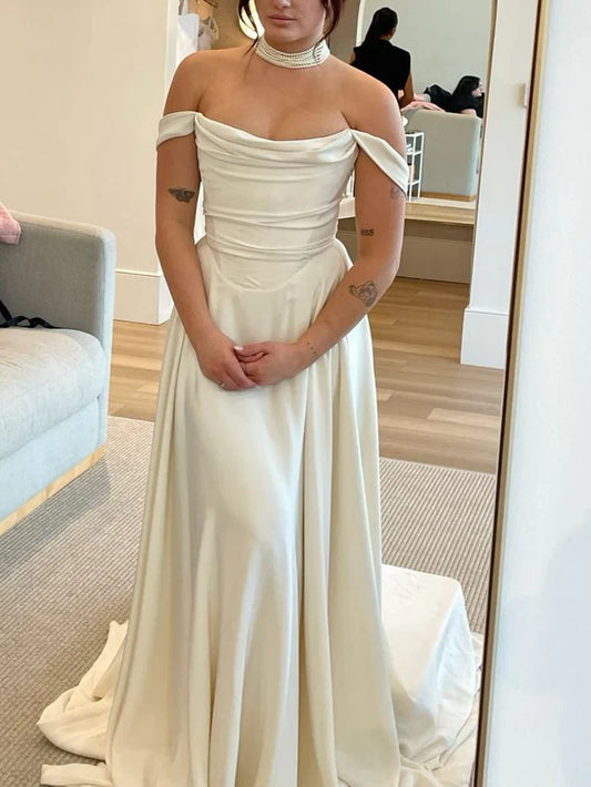 Schulterfreies Satin-Brautkleid in A-Linie, Abendkleid, D85