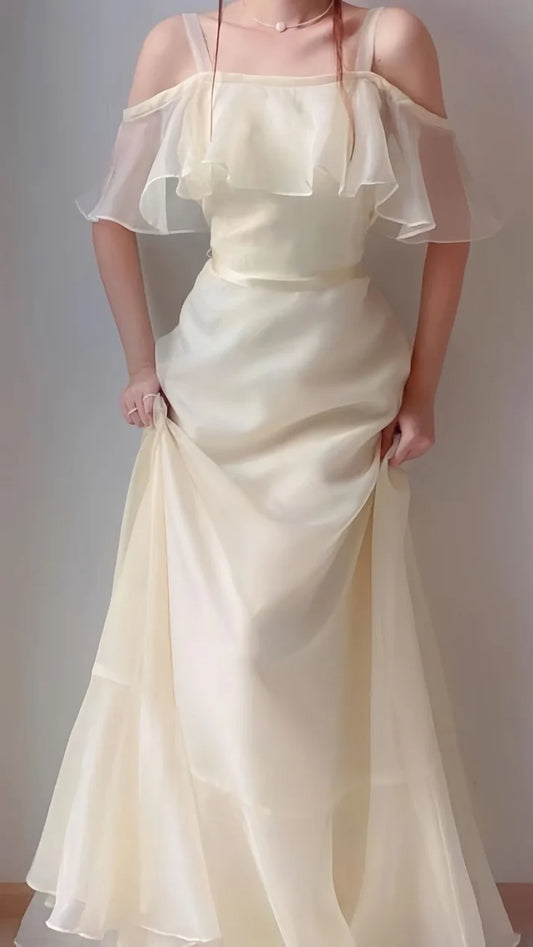 Schulterfreies Organza-Ballkleid in A-Linie, langes Kleid, D86