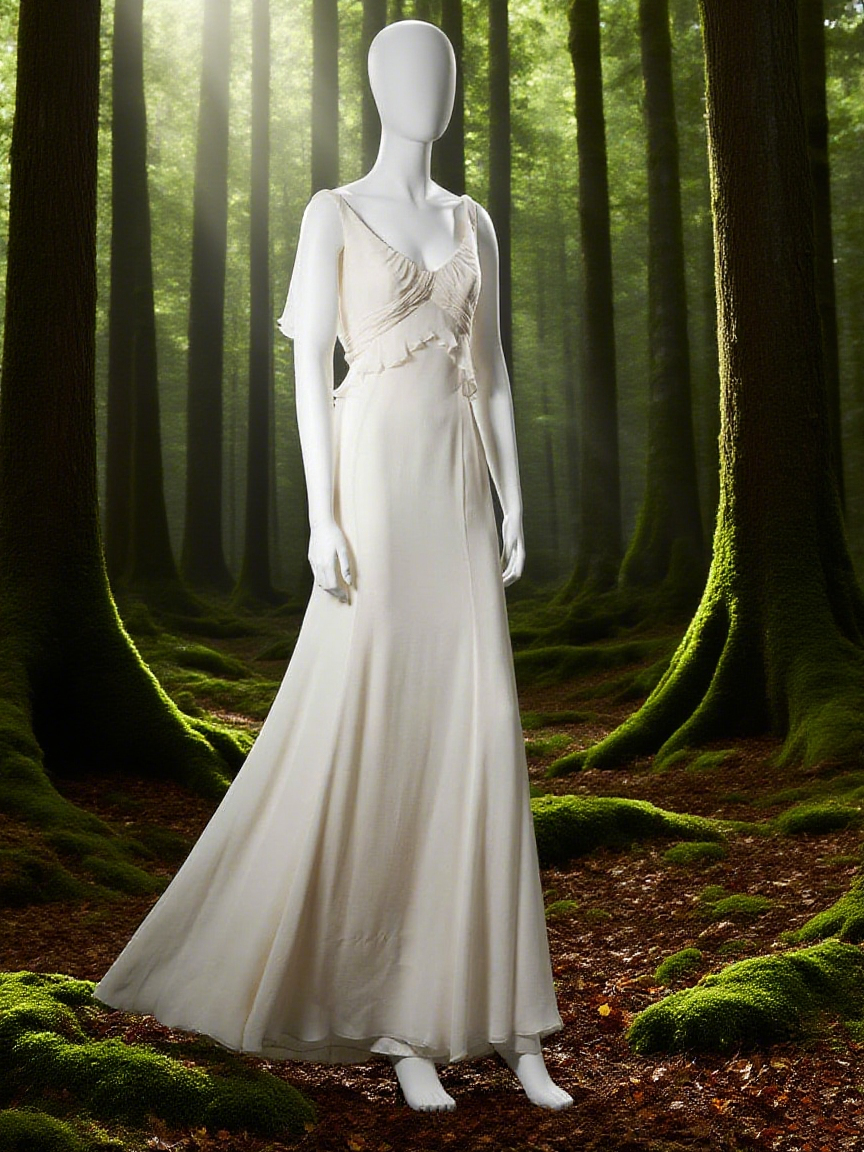 Robe de soirée longue en mousseline de soie, élégante, coupe trapèze, bretelles ivoire, style vintage, D860