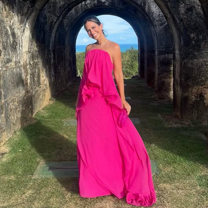 Robe de bal longue rose vif à volants en mousseline de soie, D92