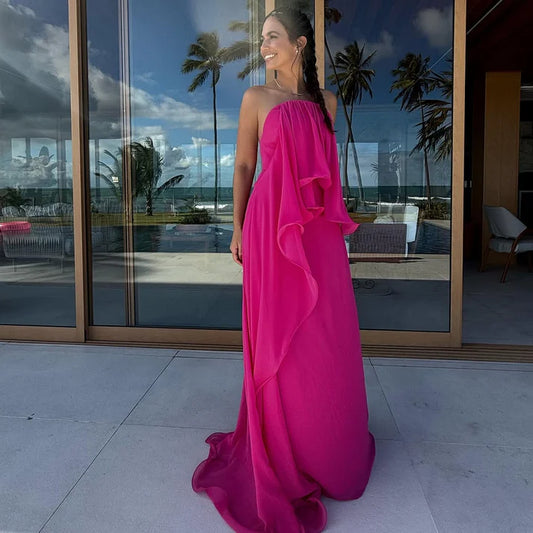 Robe de bal longue rose vif à volants en mousseline de soie, D92