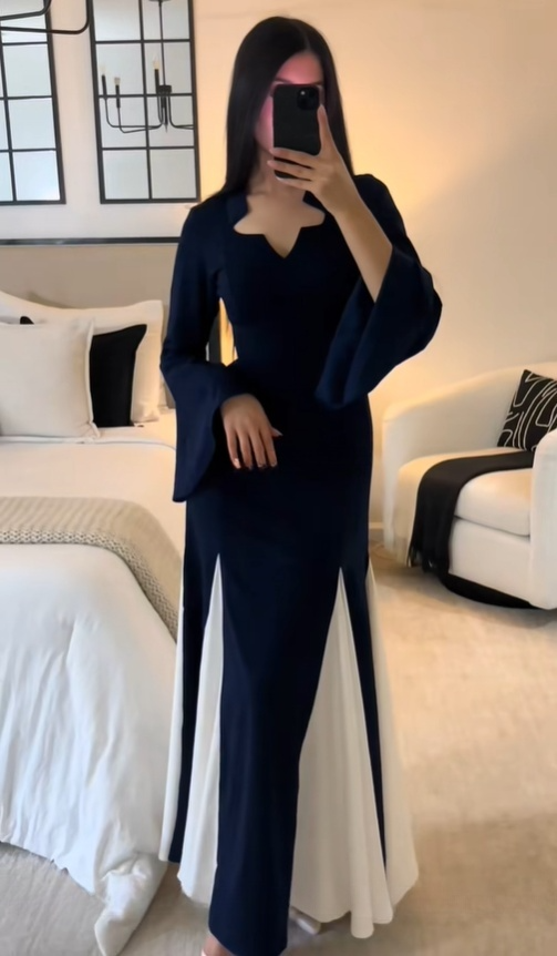 Schlichtes, marineblaues, langärmliges A-Linien-Chiffon-Partykleid, D929