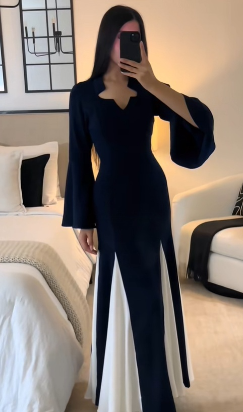 Schlichtes, marineblaues, langärmliges A-Linien-Chiffon-Partykleid, D929