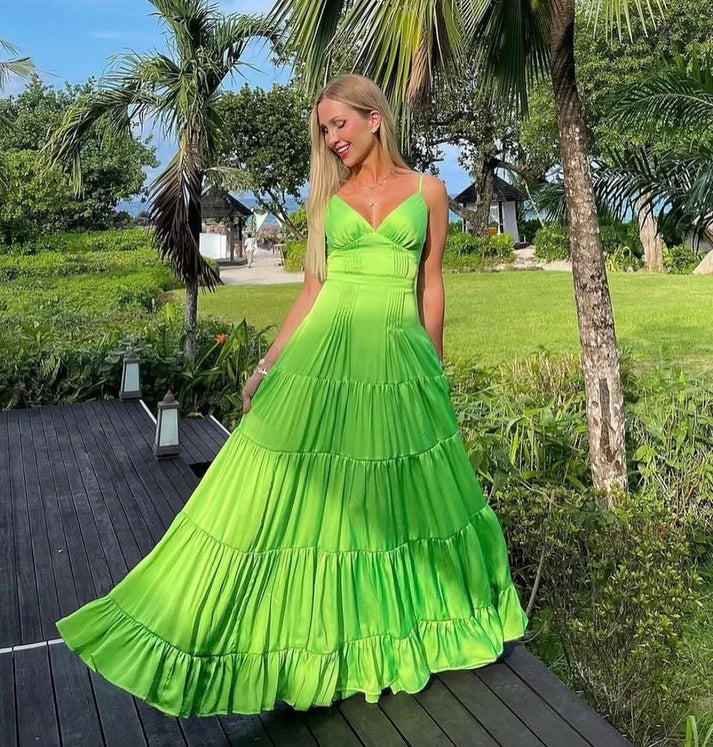 Robe de bal longue en satin vert à bretelles trapèze, robe de soirée formelle, D94