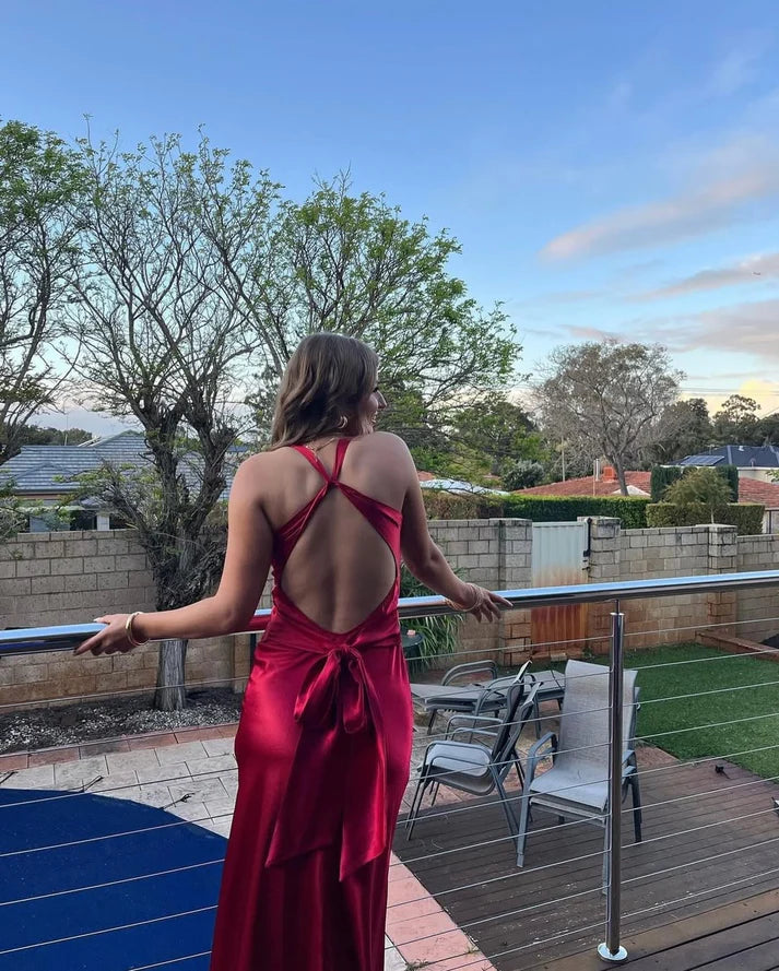 Robe de soirée longue et sexy style sirène rouge vin, D95