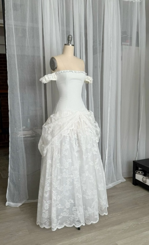 Robe de soirée longue blanche en dentelle, épaules dénudées, coupe trapèze, robe de mariée vintage D989