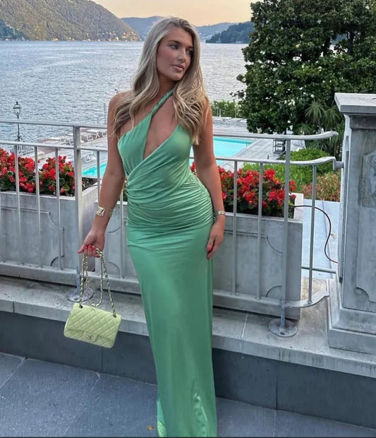 Robe de soirée longue fourreau verte asymétrique, D99