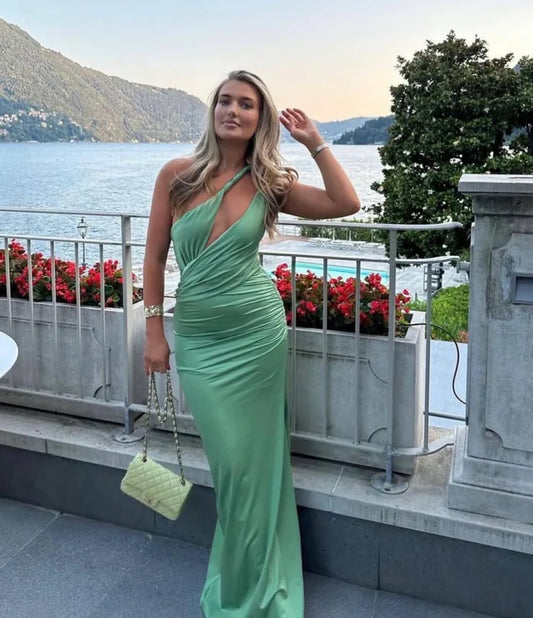 Robe de soirée longue fourreau verte asymétrique, D99