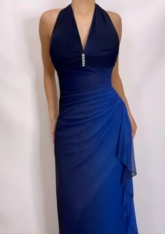 Dark Blue Halter Sheath Chiffon Long Party Dress Vintage Evening Dress, D697