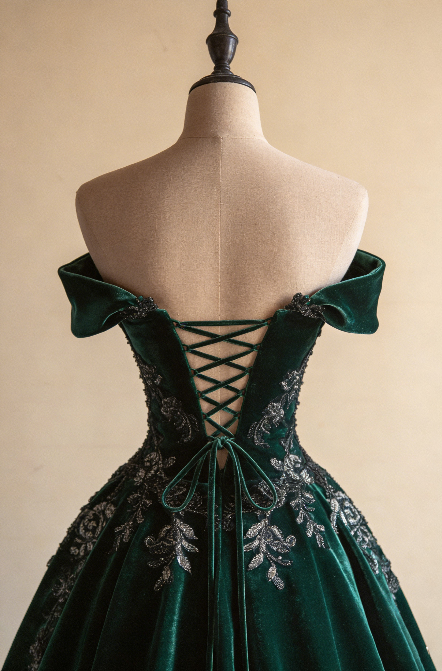 Elegant Green Off Shoulder A-Line Velvet Beaded Retro Evening Ball Gowns, D1204