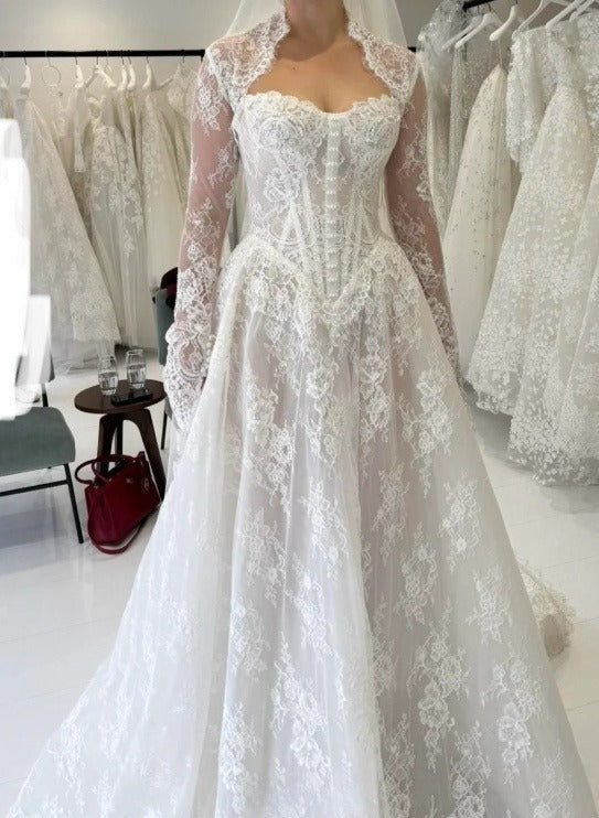 Elegant Long Sleeves White A-Line Lace Long Wedding Dress Bridal Dress –  ModelDressy