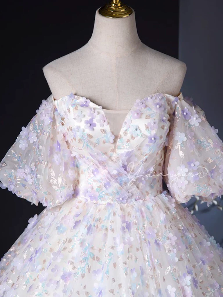 A-Line Puff Sleeves Sweetheart Neck Tulle Lace Light Purple Long Prom Dress MD7229