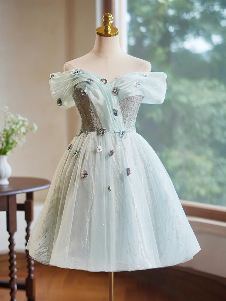 A-Line Off Shoulder Tulle Short Prom Dress, Green Homecoming Dress MD7232