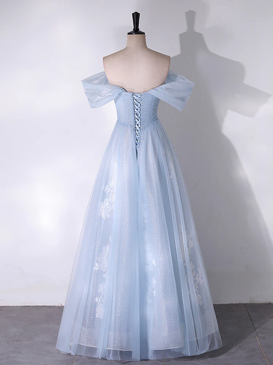 Robe de bal longue bleue en tulle et dentelle, coupe trapèze, épaules dénudées, robe de soirée longue bleue MD7231